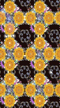 Raster illüstrasyonu. Düz Çiçek Elementleri Tasarımı. Kusursuz desenli, modaya uygun kumaş deseni. Şirin çiçek elementleri. Renkli Bahar Teması Kusursuz Arkaplan.