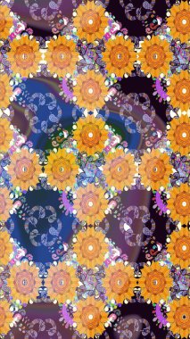 Sarı ve turuncu renklerde bahar çiçekleri. Raster illüstrasyonu. Patlayan çiçekler soyut olarak yerleştirilmiş. Raster deseni.