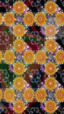 Raster illüstrasyonu. Çiçeklerle suluboya desenli çiçek deseni. Kahverengi renkli Asyalı tekstil.