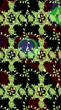 Siyah ve yeşil renklerde etnik çiçeklerle kusursuz bir desen. Asya Tekstil 'inde Raster Çiçek İllüstrasyonu.