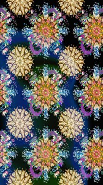 Elle boyanmış suluboya, dikişsiz çiçekler ve bitkiler. Mavi ve bej renkte çiçekler.