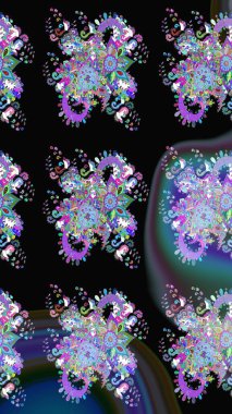 Yapraklı çiçekler ve papatya çiçekli siyah renkte papatyalar. Raster - stok. Kusursuz arkaplan deseni.