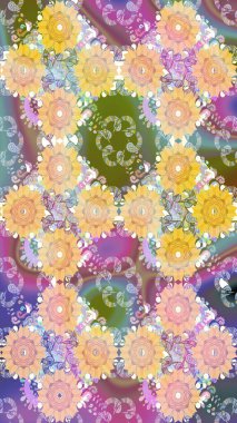 Renkli Yaz Temalı Kusursuz Arkaplan. Düz Çiçek Elementleri Tasarımı. Raster illüstrasyonunda kusursuz çiçek deseni. Bej renkte çiçekler.