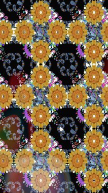 Güzel çiçekli kusursuz desen ve siyah renkli yapraklar, suluboya çiçek deseni, duvar kağıdı, kart ya da kumaş için fayanslı. Raster illüstrasyonu.