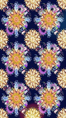 Raster Çiçek İllüstrasyonu 'nun şirin tekstili. Mavili ve bej renkli etnik çiçeklerle kusursuz bir desen..