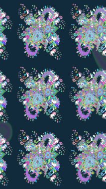 Düz Çiçek Elementleri Tasarım Raster illüstrasyonu. Mavi renkli çiçekler. Renkli Bahar Temalı Kusursuz Arkaplan. Çiçeksiz desenli arka plan.