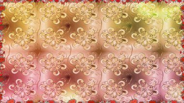 Raster illüstrasyonu. Renkli şal desenli, bej çiçekli ve dekoratif elementli kusursuz desen. Kusursuz bir geçmişi var. Eski usul. Kumaş, tekstil ve duvar kağıdı baskısı için..