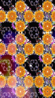 Düz Çiçek Elementleri Tasarım Raster illüstrasyonu. Siyah renkte çiçekler. Renkli Bahar Temalı, pürüzsüz bir arka plan. Çiçekli, suluboya desenli kusursuz çiçek deseni.