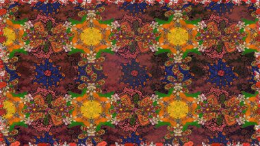 Raster - stok. Yapraklı çiçekler ve kahverengi renkli papatya çiçekleri. Kusursuz arkaplan deseni.