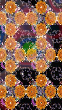 Raster illüstrasyonu. Asya tekstil tarzında. Raster illüstrasyonu. Turuncu renkli çiçekler. Kusursuz çiçek deseni.