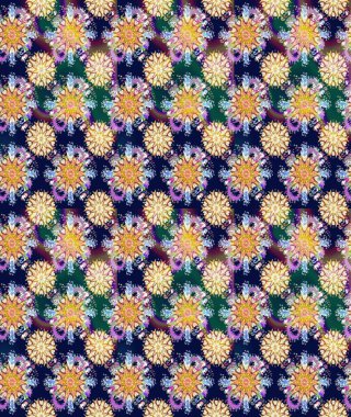 Raster Çiçek İllüstrasyonu güzel tekstil. Mavi ve nötr renklerde etnik çiçeklerle kusursuz bir desen..