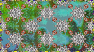 Düz Çiçek Elementleri Tasarımı. Yeşil renkli çiçekler. Raster Illustrasyon 'da moda olmayan çiçek deseni. Renkli Yaz Temalı Kusursuz Arkaplan.