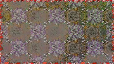 Gri renkli çiçekler. Asya tekstil tarzında. Raster illüstrasyonu. Kusursuz çiçek deseni. Renkli Bahar Temalı Kusursuz Arkaplan. Düz Çiçek Elementleri Tasarımı.