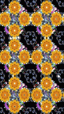 Siyah renkli çiçekler. Sevimli çiçek raster deseni. Düz Çiçek Elementleri Tasarımı. Renkli Bahar Teması Kusursuz Arkaplan.