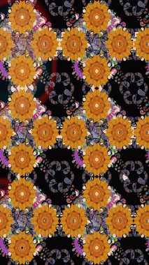 Parmak izi, kumaş, duvar kâğıdı, tekstil için raster dokusu. İşlemeli çiçekli, dikişsiz desen. Renkli grunge, koyu renkli çiçeklerle soyut arkaplanı zenginleştirir.