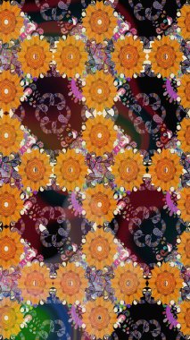 Düz Çiçek Elementleri Tasarımı. Turuncu renkli çiçekler. Çiçekli kusursuz retro desen. Renkli Yaz Temalı Kusursuz Arkaplan.