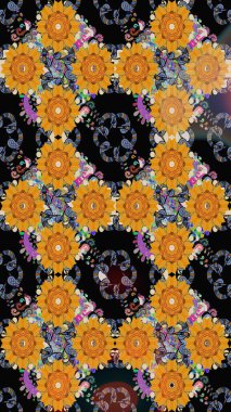 Siyah renkli çiçekler. Renkli Bahar Temalı Kusursuz Arkaplan. Raster illüstrasyonunda kusursuz çiçek deseni. Düz Çiçek Elementleri Tasarımı.