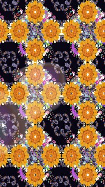 Raster illüstrasyonu. Düz Çiçek Elementleri Tasarımı. Siyah renkli çiçekler. Renkli Bahar Temalı Kusursuz Arkaplan. Çiçekli, suluboya desenli kusursuz çiçek deseni.