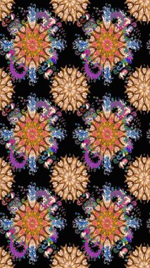 Raster illüstrasyonu. Küçük çiçekli kusursuz yay deseni. Suluboya tarzında siyah renkler üzerine.