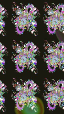 Çiçeksiz desenli, suluboya elle çizilmiş elementler. Parlak renkli fantezi çiçekleri, yapraklar, gri renkli tomurcuklar.