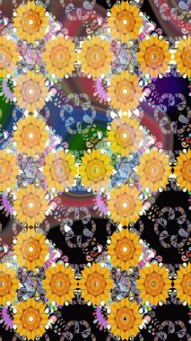 Kusursuz bir geçmişi var. Raster illüstrasyonu. Kumaş, tekstil, duvar kağıdı baskısı için. Eski usul. Miles Fleur, süslü püslü bir süs. Tomurcukları papatya çiçekleri olan sevimli bir çiçek deseni..