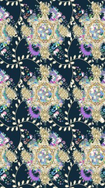 Raster illüstrasyonu. Güzel, parlak, pürüzsüz kumaş, tuval. Kıvırcık, parlak örgü. Şablon, pürüzsüz, çiçekli kenar. Eski moda arka plan. Çiçeklerin çelengi.