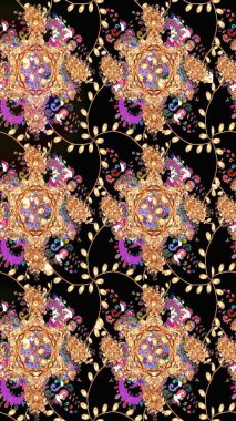 Asya tekstil tarzında. Siyah renkli çiçekler. Kusursuz çiçek deseni. Raster illüstrasyonu. Raster illüstrasyonu.