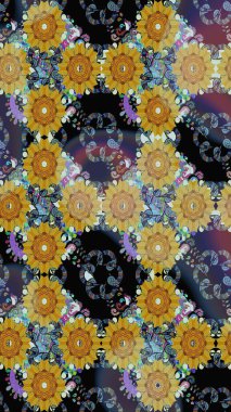 Çiçeksel elementlerle süslenmiş zarif raster dokusu. Sarı renkler ve parlak çiçekler üzerinde soyut, pürüzsüz desen. Küçük çiçekte şirin bir çiçek deseni var..