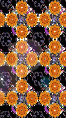 Raster illustration. Seamless floral pattern in folk style with flowers, leaves. Hand drawn.