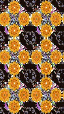 Raster Floral Illustration, Asyalı tekstil. Gri renkli etnik çiçeklerle kusursuz bir desen..