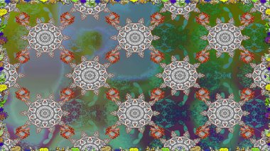 Küçük çiçekteki sevimli çiçek deseni. Raster illüstrasyonu. Yeşil renkte çiçekler.