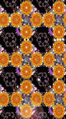 Çiçekli karalama şeklinde Raster çiçek deseni. Raster illüstrasyonu. Nazikçe, bahar çiçekleri siyah renklerde.