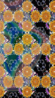 Halk tarzı. Parlak renkli çiçekleri ve turuncu renkli yaprakları olan kusursuz çiçek desenleri. Modern çiçek arkaplanı. Moda baskıları için zarif bir şablon.