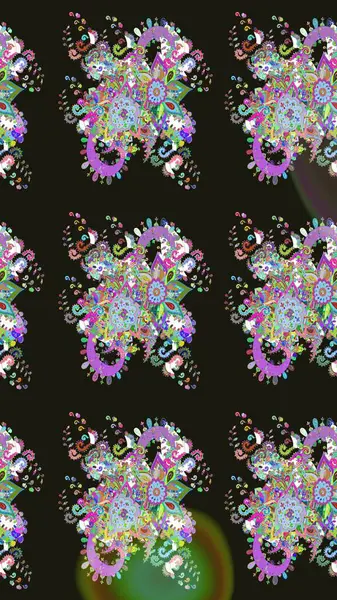 Çiçeksiz desenli, suluboya elle çizilmiş elementler. Parlak renkli fantezi çiçekleri, yapraklar, gri renkli tomurcuklar.