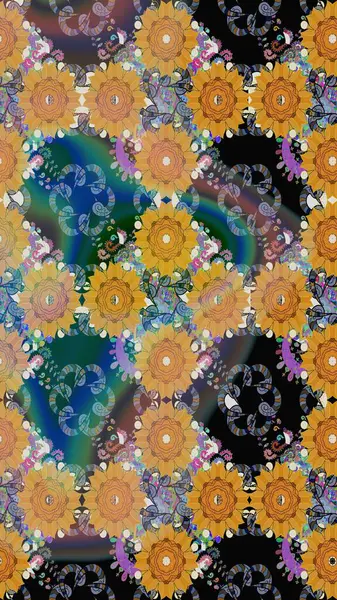 Halk tarzı. Parlak renkli çiçekleri ve turuncu renkli yaprakları olan kusursuz çiçek desenleri. Modern çiçek arkaplanı. Moda baskıları için zarif bir şablon.