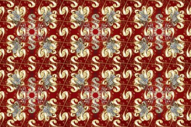 Kusursuz klasik raster altın desenli. Kırmızı, bej ve kahverengi renklerde altın elementlerle kusursuz desen. Klasik klasik klasik arka plan. Geleneksel oryantasyon süsü. Raster illüstrasyonu.