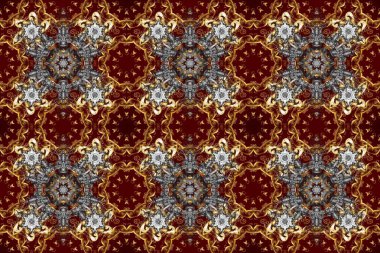 Noel, kar tanesi, yeni yıl 2025. Gri, kırmızı ve kahverengi renklerde ve altın elementlerle kusursuz klasik desen.