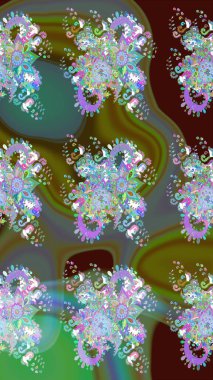 Tekstil için suluboya eskiz deseni. El çizimi çiçek çizimi deseni (fayans). Şirin çiçekli, desenli, yeşil renkli çizim deseni.