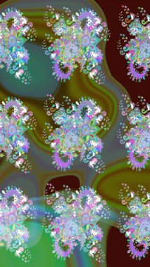 Tekstil için suluboya eskiz deseni. El çizimi çiçek çizimi deseni (fayans). Şirin çiçekli, desenli, yeşil renkli çizim deseni.