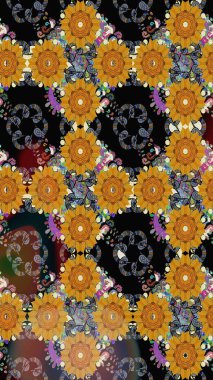 Güzel çiçek deseni. Düz Çiçek Elementleri Tasarımı. Renkli Bahar Temalı Kusursuz Arkaplan. Siyah renkte çiçekler.