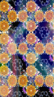 Mavi renkler. El çizimi, soyut ve süslü elementler. Yaz çiçekleri teması. Suluboya resim taklit Raster çizimi. Klasik çiçekler..