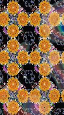 Raster illüstrasyonu. Nazikçe, sarı renkte bahar çiçekleri. Raster çiçekleri klasik tarzda çizilmiş. Çiçekli, pürüzsüz desen.