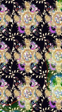 Kusursuz çiçek deseni. Siyah renkli çiçekler. Asya tekstil tarzında. Renkli Bahar Temalı Kusursuz Arkaplan. Düz Çiçek Elementleri Tasarımı. Raster illüstrasyonu.