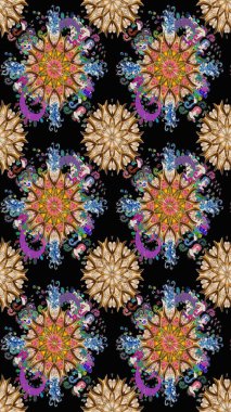 1950-1960 motifleri. Çiçekli ipek eşarp. Siyah ve kahverengi üzerine siyah ve kahverengi. Retro tekstil tasarım koleksiyonu. El çizimi çiçek elementleriyle soyut, dikişsiz raster deseni..