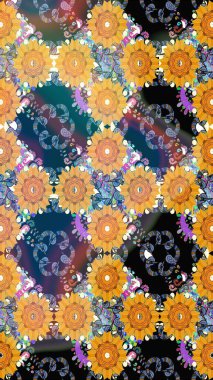 Sarı ve mavi renklerde çiçeksiz. Sarı ve mavi renkte çiçekler. Çiçek deseni. Raster illüstrasyonu. Şatafatlı bahar bahçesi dokusu.