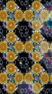 Raster. Siyah ve sarı renkte güzel çiçeklerle kusursuz desenler suluboya çiçek deseni, duvar kağıdı, kart veya kumaş için fayanslı..