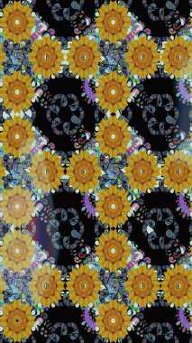 Çok renkli, zarif küçük çiçekler ve siyah renkli komik böcekler, raster desen, illüstrasyon..