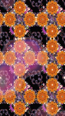 Turuncu ve siyah renkli çiçekler. Renkli Bahar Temalı Kusursuz Arkaplan. Çiçeksiz desenli arka plan. Düz Çiçek Elementleri Tasarım Raster illüstrasyonu.