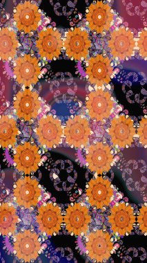 Turuncu ve siyah renkli yaz çiçekleri. Çiçekli karalama şeklinde Raster çiçek deseni. Raster illüstrasyonu.