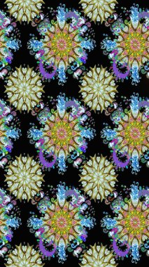 El çizimi çiçek unsurları olan soyut, dikişsiz raster deseni. 1950-1960 motifleri. Çiçekli ipek eşarp. Siyah ve nötr, siyah ve nötr. Retro tekstil tasarım koleksiyonu.